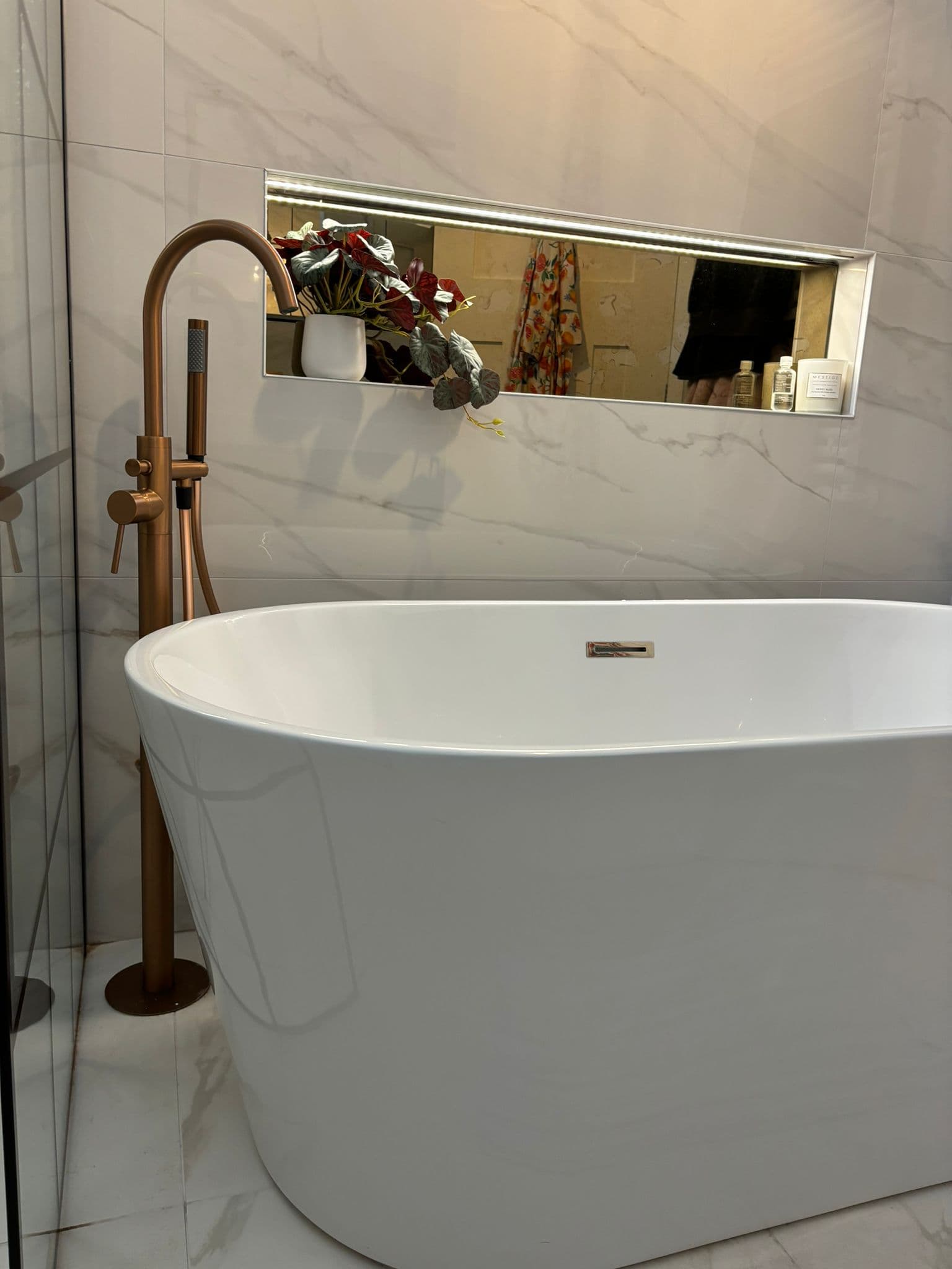 Marble tiling bathroom with frameless walk-in glass shower